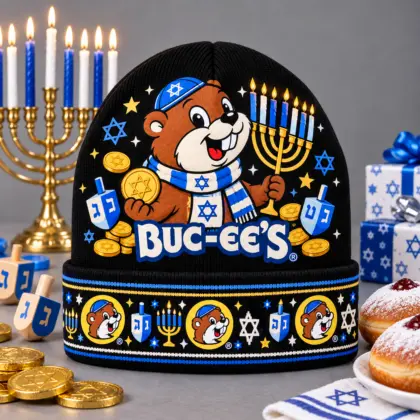 Buc-ee's Hanukkah Eight Nights Celebration Graphic Print Knit Beanie With Menorah Candles And Dreidels NDN flat