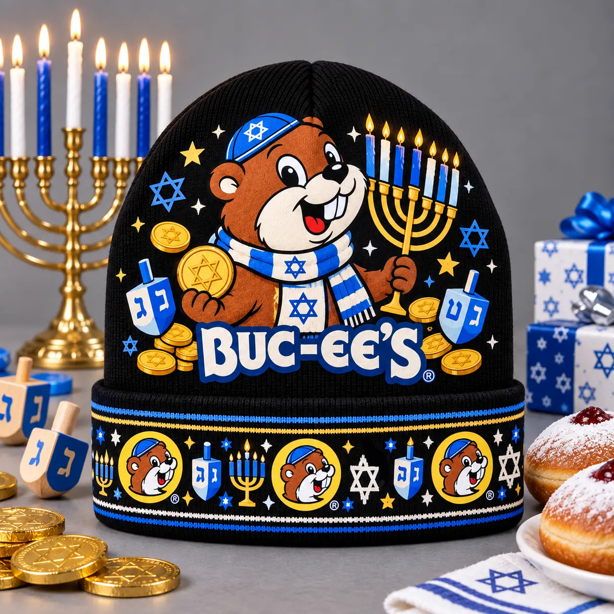 Buc-ee's Hanukkah Eight Nights Celebration Graphic Print Knit Beanie With Menorah Candles And Dreidels NDN flat