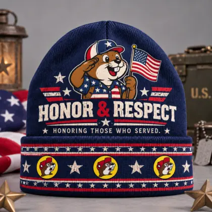 Buc-ee's Veterans Honor And Respect Graphic Print Knit Beanie With American Flags And Stars NDN flat