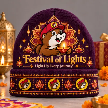 Buc-ee's Diwali Festival Of Lights Graphic Print Knit Beanie With Diyas And Colorful Rangoli NDN flat