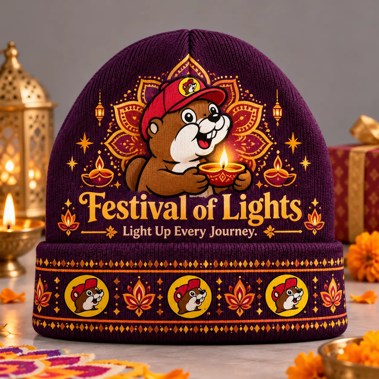 Buc-ee's Diwali Festival Of Lights Graphic Print Knit Beanie With Diyas And Colorful Rangoli NDN flat