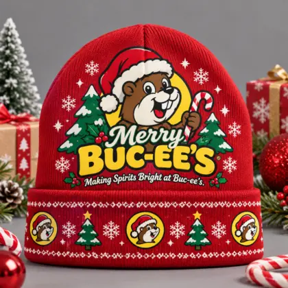 Buc-ee's Christmas Merry Buc-ee's Graphic Print Knit Beanie With Santa Beaver Tree And Snowflakes NDN flat