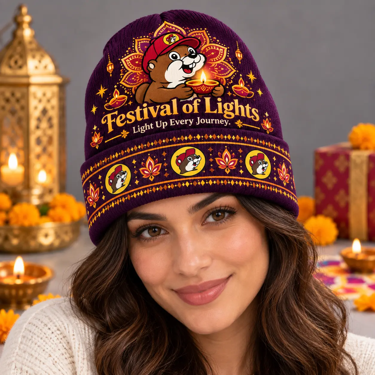 Buc-ee's Diwali Festival Of Lights Graphic Print Knit Beanie With Diyas And Colorful Rangoli NDN worn