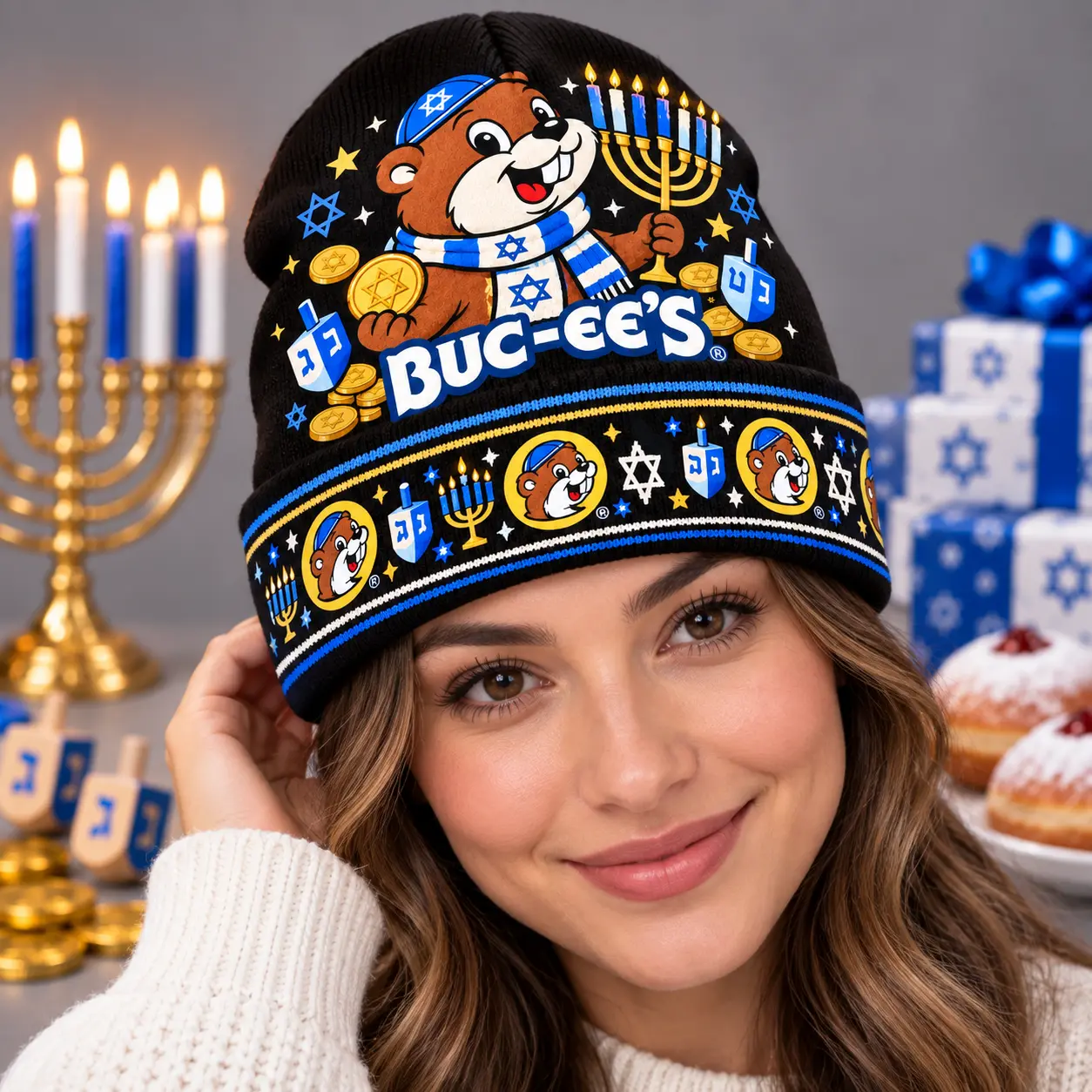 Buc-ee's Hanukkah Eight Nights Celebration Graphic Print Knit Beanie With Menorah Candles And Dreidels NDN worn