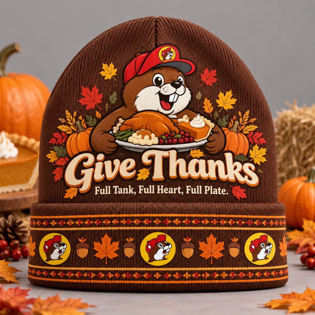 Buc-ee's Thanksgiving Give Thanks Graphic Print Knit Beanie With Turkey Feast And Autumn Leaves NDN flat