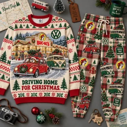 Buc-ee's Volkswagen Driving Home for Christmas Sweater and Jogger Pants Set NDN flat