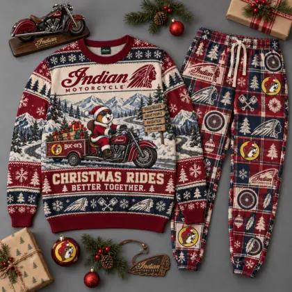 Buc-ee's Indian Motorcycle Christmas Rides Start Here Sweater and Jogger Pants Set NDN flat