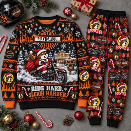 Buc-ee's Harley-Davidson Ride Hard Sleigh Harder Christmas Sweater and Jogger Pants Set NDN flat
