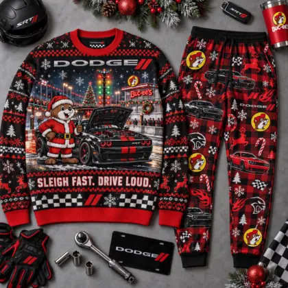Buc-ee's Dodge Sleigh Fast Drive Loud Christmas Sweater and Jogger Pants Set NDN flat