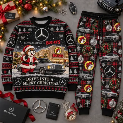 Buc-ee's Mercedes-Benz Drive Into a Merry Christmas Sweater and Jogger Pants Set NDN flat