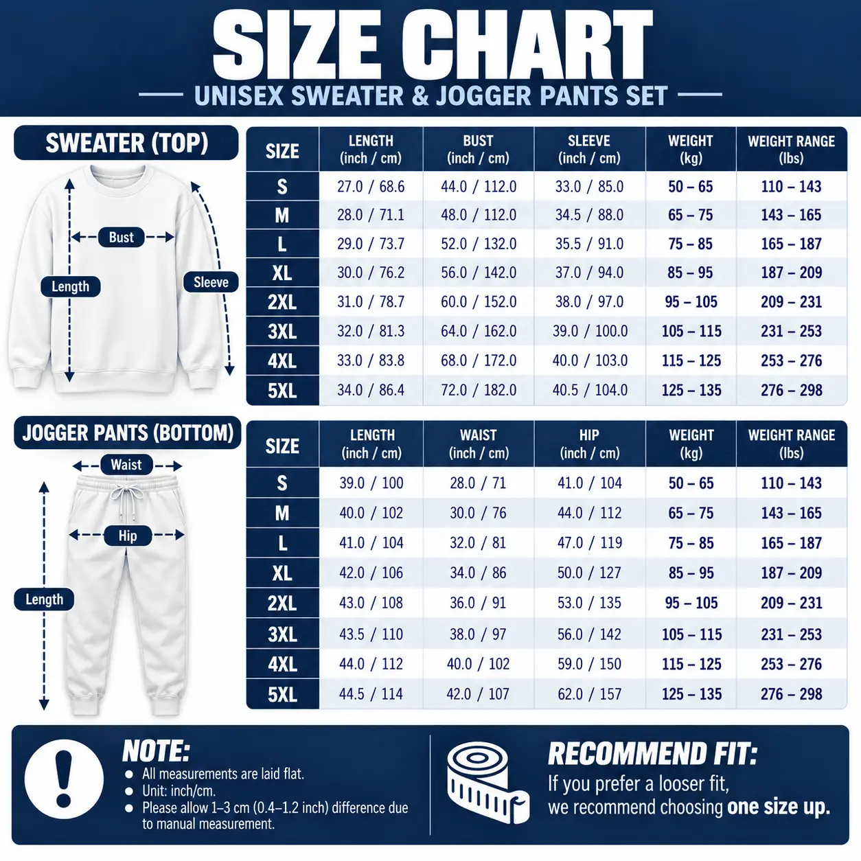 Unisex Sweater and Jogger Pants Set Size Chart
