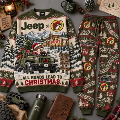 Buc-ee's Jeep All Roads Lead to Christmas Sweater and Jogger Pants Set NDN flat
