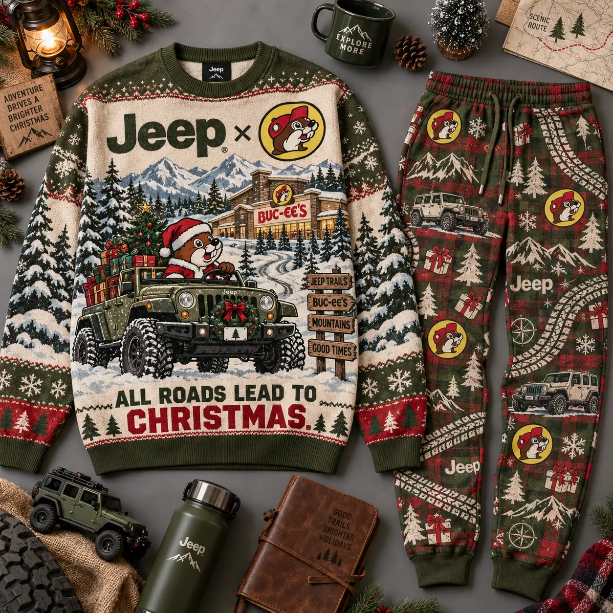Buc-ee's Jeep All Roads Lead to Christmas Sweater and Jogger Pants Set NDN flat