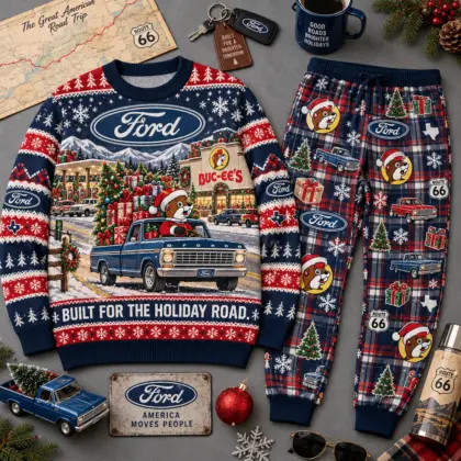 Buc-ee's Ford Holiday Road Christmas Sweater and Jogger Pants Set NDN flat
