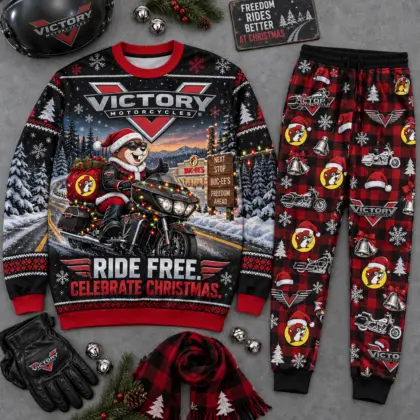 Buc-ee's Chevrolet Victory Ride Free Christmas Sweater and Jogger Pants Set NDN flat