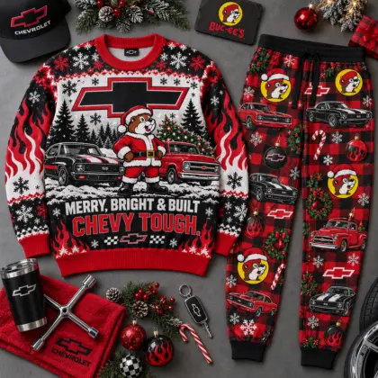 Buc-ee's Chevrolet Merry Bright Chevy Tough Christmas Sweater and Jogger Pants Set NDN flat
