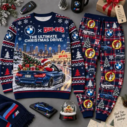 Buc-ee's BMW Christmas Drive Sweater and Jogger Pants Set NDN flat