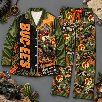 Buc-ee's Adventure Begins Where The Road Ends Green Long Sleeve Pajamas Set NDN flat