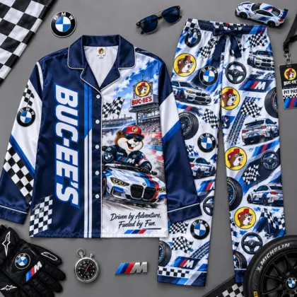 Buc-ee's Blue White Motorsport Checkered Flag Racing Print Long Sleeve Pajamas Set NDN flat