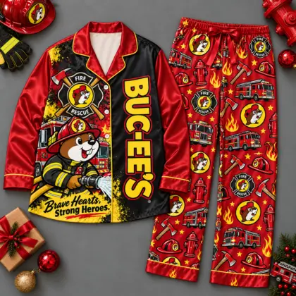 Buc-ee's Brave Hearts Fire Rescue Hero Red Long Sleeve Pajamas Set NDN flat