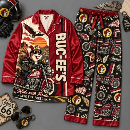 Buc-ee's Ride With Pride Motorcycle Print Red Black Long Sleeve Pajamas Set NDN flat