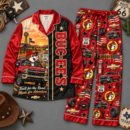 Buc-ee's Route 66 Truck Road Adventure Red Long Sleeve Pajamas Set NDN flat