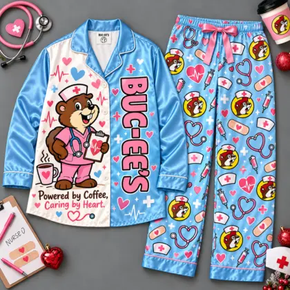 Buc-ee's Powered By Coffee Caring By Heart Medical Long Sleeve Pajamas Set NDN flat