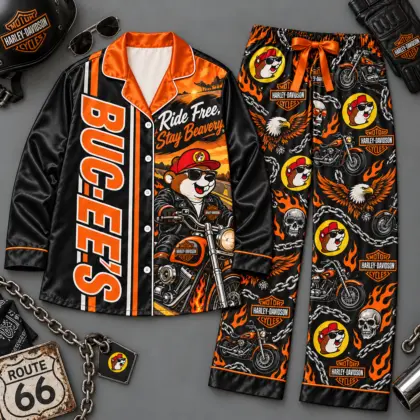 Buc-ee's Black Orange Motorcycle Skull Biker Print Long Sleeve Pajamas Set NDN flat