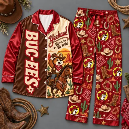Buc-ee's Yeehaw Born To Be Wild Western Cowboy Long Sleeve Pajamas Set NDN flat