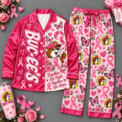 Buc-ee's Together We Fight Together We Hope Pink Ribbon Long Sleeve Pajamas Set NDN flat
