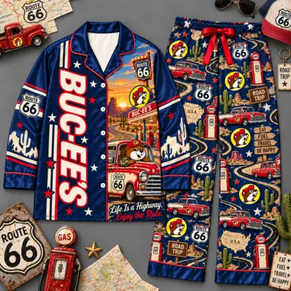 Buc-ee's Route 66 Highway And Gas Station Navy Long Sleeve Pajamas Set NDN flat