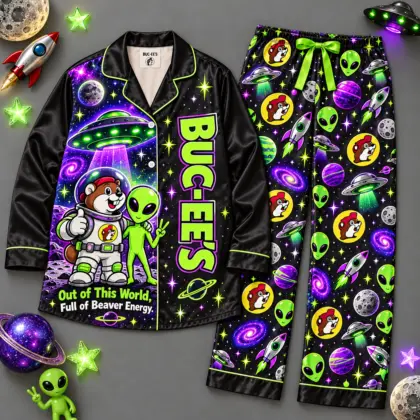Buc-ee's Black Neon Outer Space Astronaut Alien Print Long Sleeve Pajamas Set NDN flat