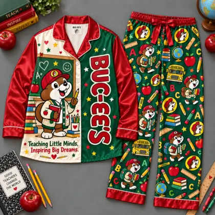 Buc-ee's Teaching Little Minds School Icons Red Green Long Sleeve Pajamas Set NDN flat