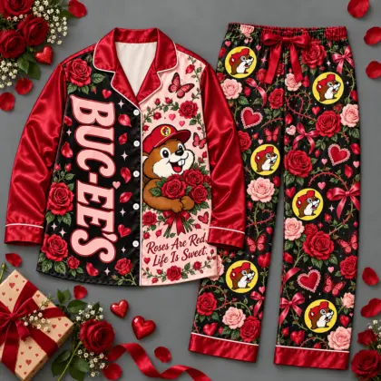 Buc-ee's Roses Are Red Life Is Sweet Floral Long Sleeve Pajamas Set NDN flat