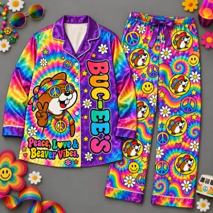 Buc-ee's Peace Love And Beaver Vibes Rainbow Tie-Dye Long Sleeve Pajamas Set NDN flat