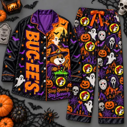 Buc-ee's Black Purple Stay Spooky Halloween Mascot Print Long Sleeve Pajamas Set NDN flat