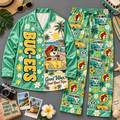 Buc-ee's Good Vibes Great Road Trips Tropical Van Long Sleeve Pajamas Set NDN flat