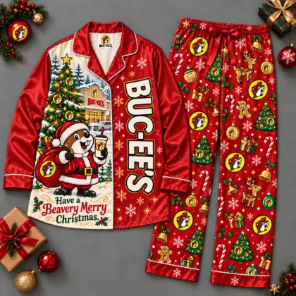 Buc-ee's Have A Beavery Merry Christmas Red Holiday Long Sleeve Pajamas Set NDN flat