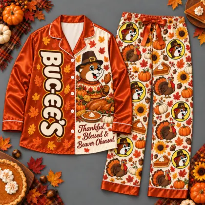 Buc-ee's Thankful Blessed Beyond Measure Autumn Pumpkin Long Sleeve Pajamas Set NDN flat