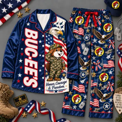 Buc-ee's Honor Courage Freedom Patriotic Eagle Navy Blue Long Sleeve Pajamas Set NDN flat
