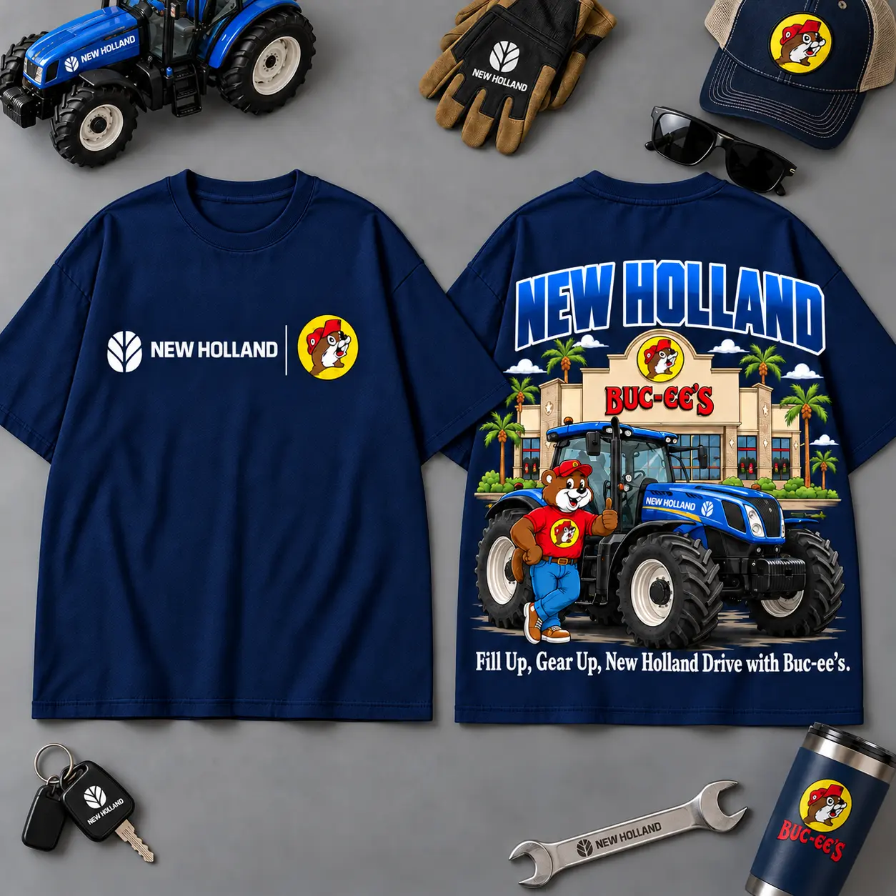 Buc-ee's NEW HOLLAND Construction Collage 3D T-Shirt For Heavy Equipment Road Trip Collectors NDN Navy