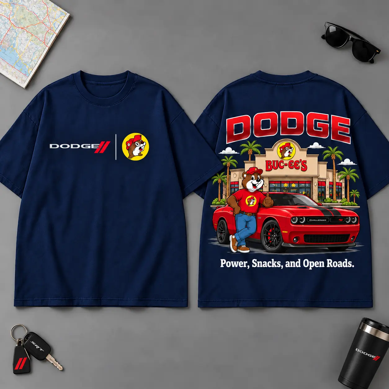 Buc-ee's Dodge Power And Open Roads 3D T-Shirt For Muscle Car Fans NDN Navy
