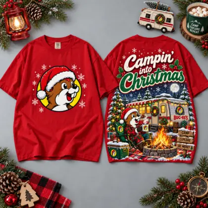 Buc-ee's Campin Christmas Campfire Scene All Over Print T-Shirt For Festive Holiday Road Trips NDN Red