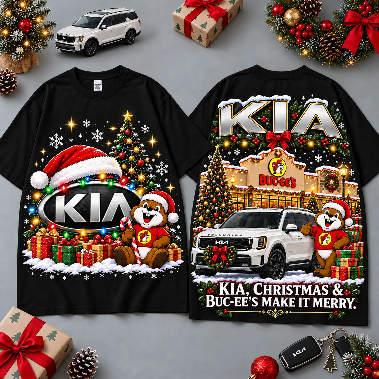 Buc-ee's Kia Christmas Cabin Car Print T-Shirt For Festive Winter Road Trips NDN Black