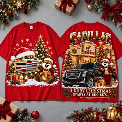 Buc-ee's Cadillac Christmas Cabin Car Print T-Shirt For Festive Winter Road Trips NDN Red