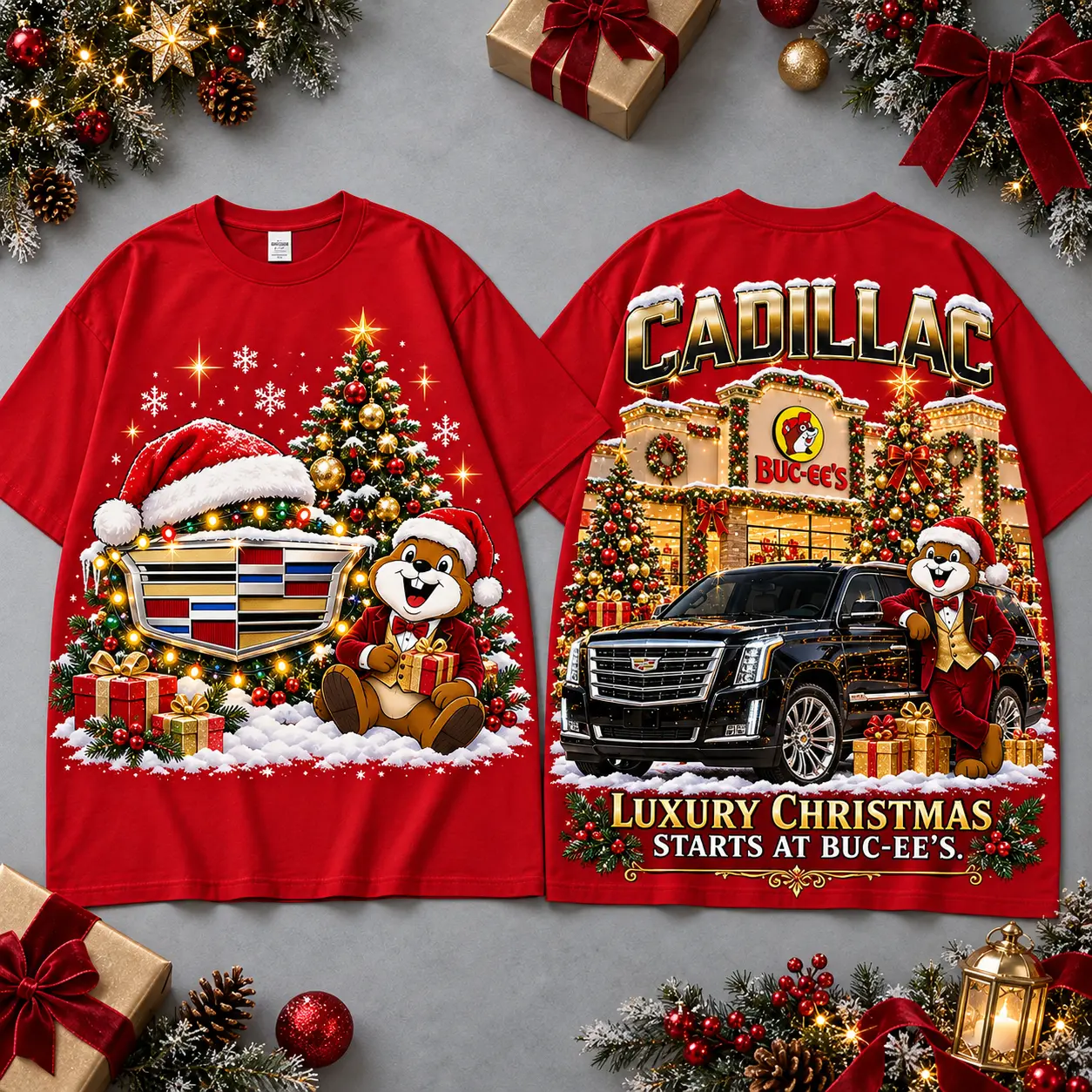 Buc-ee's Cadillac Christmas Cabin Car Print T-Shirt For Festive Winter Road Trips NDN Red