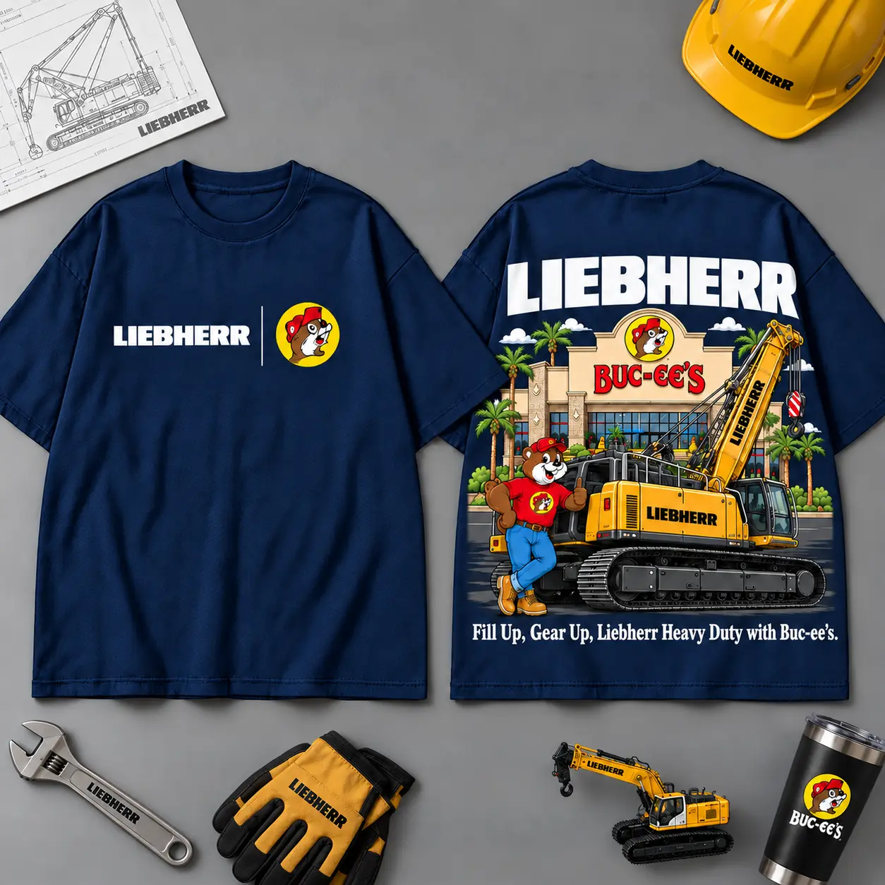 Buc-ee's LIEBHERR Construction Collage 3D T-Shirt For Heavy Equipment Road Trip Collectors NDN Navy