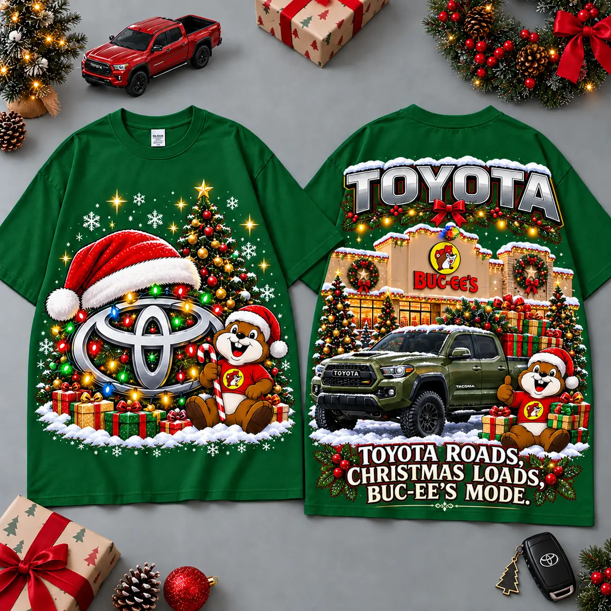 Buc-ee's Toyota Christmas Cabin Car Print T-Shirt For Festive Winter Road Trips NDN Green