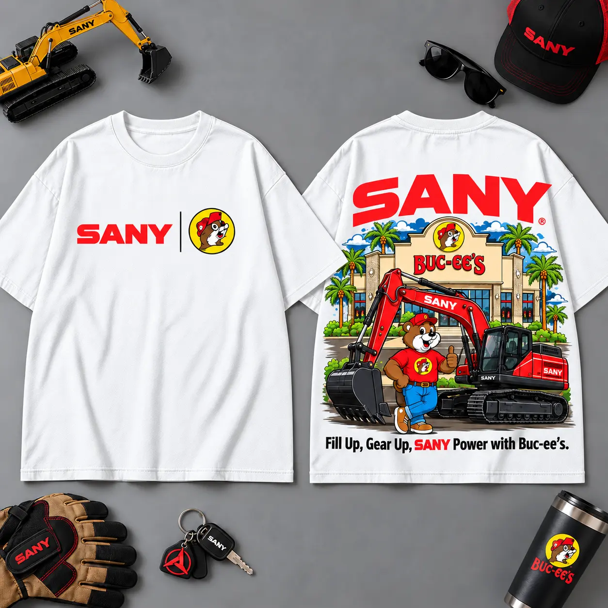 Buc-ee's SANY Construction Collage 3D T-Shirt For Heavy Equipment Road Trip Collectors NDN White