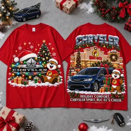 Buc-ee's Chrysler Christmas Cabin Car Print T-Shirt For Festive Winter Road Trips NDN Red